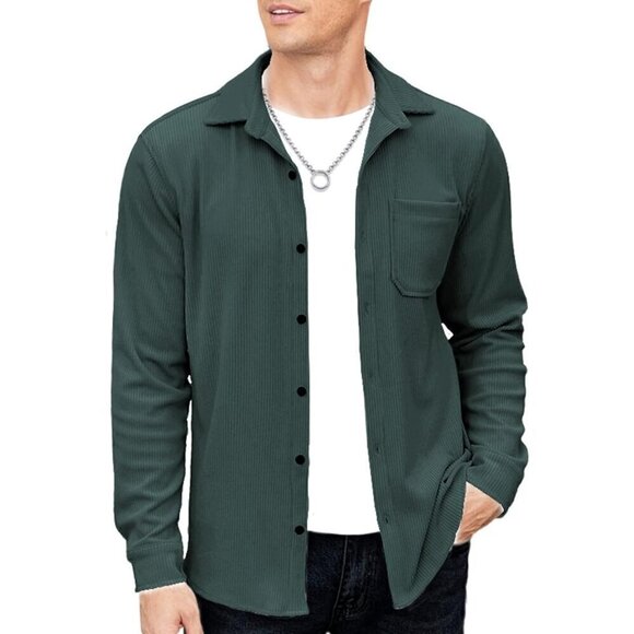 ❤️ Men's Corduroy Shirt Shacket Long Sleeve Button Down Lightweight Jacket Green - Picture 1 of 5